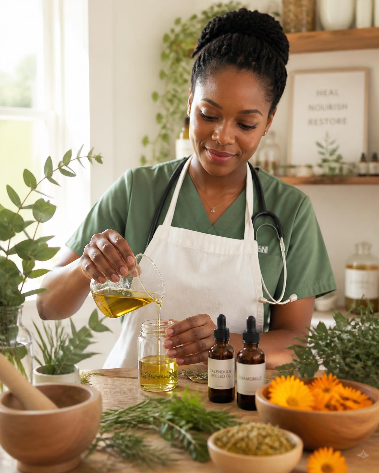 Registered nurse carefully pouring natural botanical oils into a jar surrounded by fresh herbs and calendula flowers