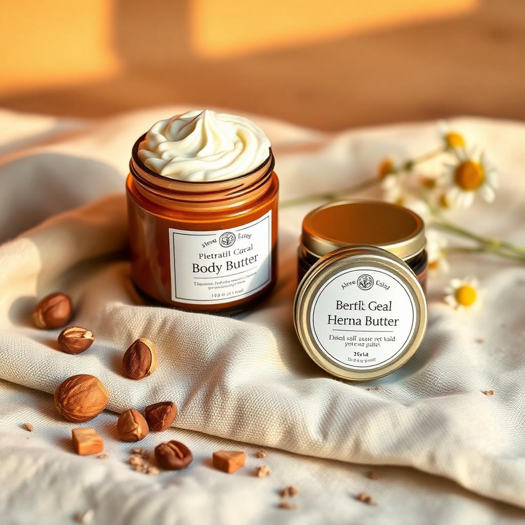 Amber jar of whipped body butter and a small tin of herbal balm with shea nuts and chamomile