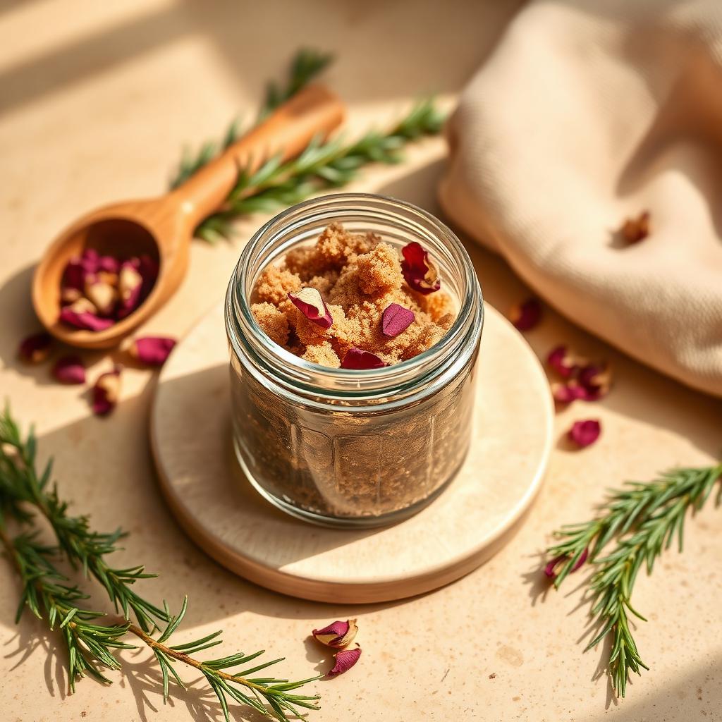 Glass jar of natural brown sugar body scrub with rose petals and a wooden scoop