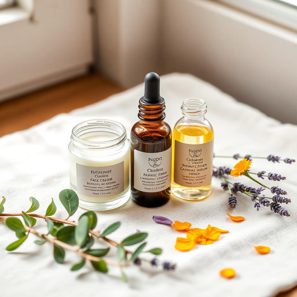 Small glass jar of botanical face cream beside an amber serum dropper bottle with eucalyptus and lavender