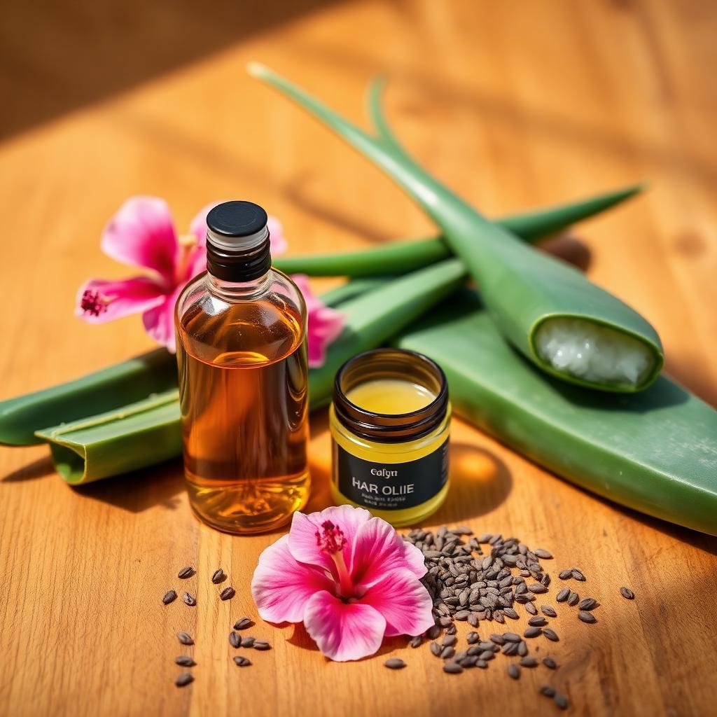 Glass bottle of golden hair oil with fresh aloe vera and hibiscus flowers