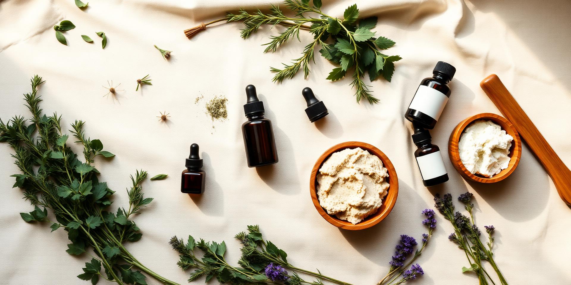 Flat lay of handcrafted natural skincare products, herbs, and botanical ingredients on cream linen